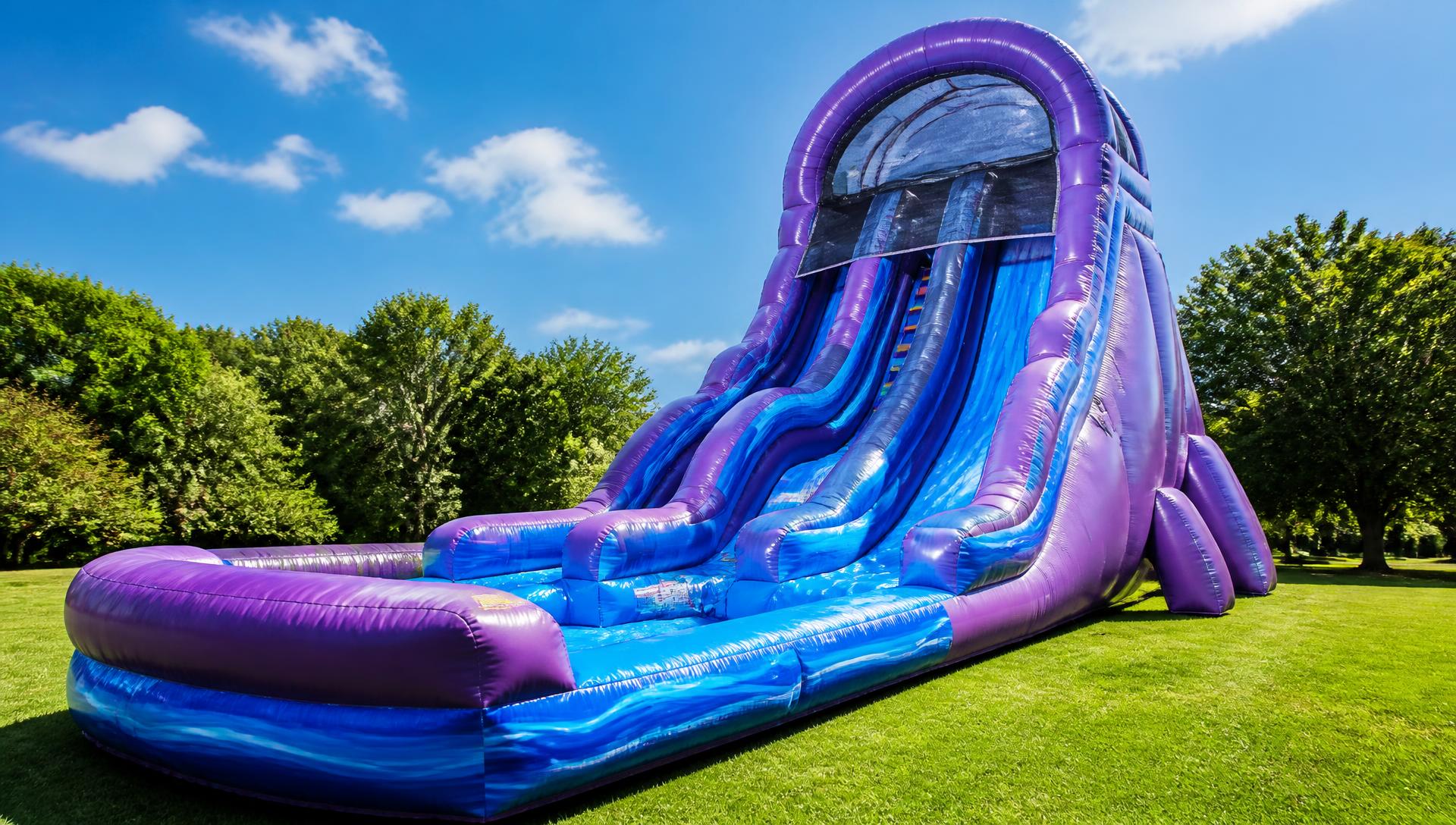 Large purple and blue commercial inflatable water slide on a sunny lawn